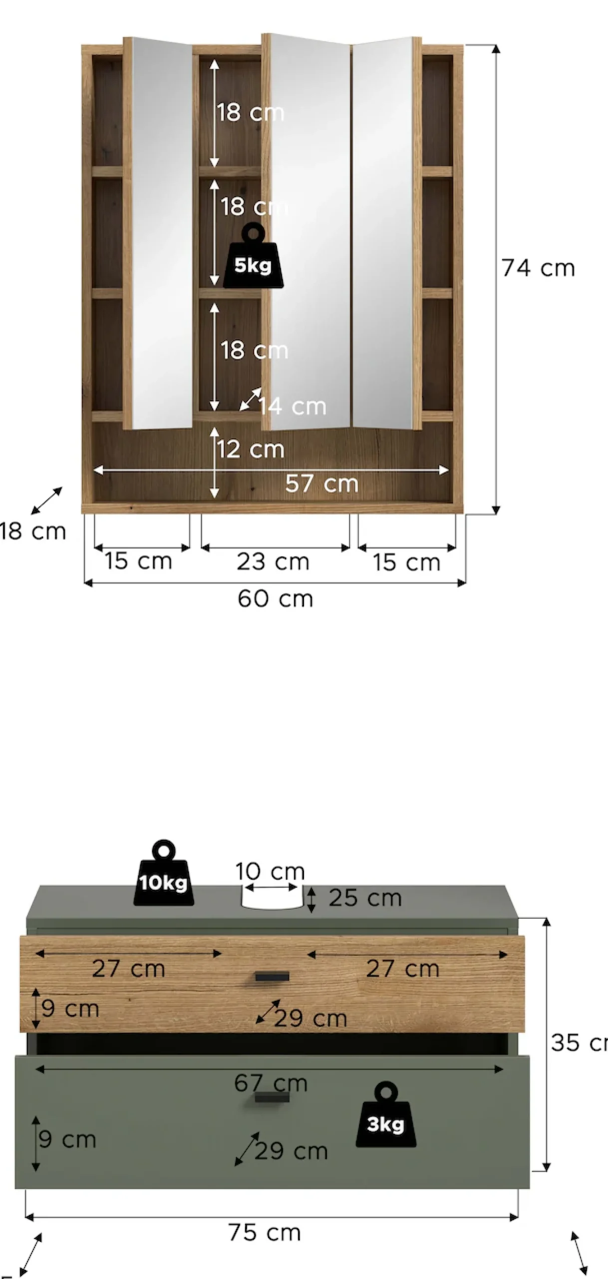 welltime Badmöbel-Set »VANN, 2-teilige moderne Badkombination« 1x Waschbeckenunterschrank, 1x Spiegelschrank, 2 Stk. tlg.