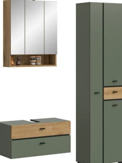 welltime Badmöbel-Set »VANN, 3-teilige moderne Badkombination, inkl. Beleuchtung« Waschbeckenunterschrank, Spiegelschrank inkl. Beleuchtung, Hochschrank, 3 Stk. tlg.