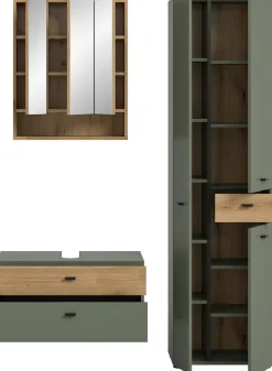 welltime Badmöbel-Set »VANN, 3-teilige moderne Badkombination, inkl. Beleuchtung« Waschbeckenunterschrank, Spiegelschrank inkl. Beleuchtung, Hochschrank, 3 Stk. tlg.
