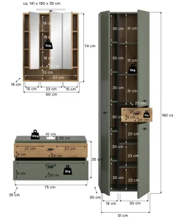 welltime Badmöbel-Set »VANN, 3-teilige moderne Badkombination, inkl. Beleuchtung« Waschbeckenunterschrank, Spiegelschrank inkl. Beleuchtung, Hochschrank, 3 Stk. tlg.