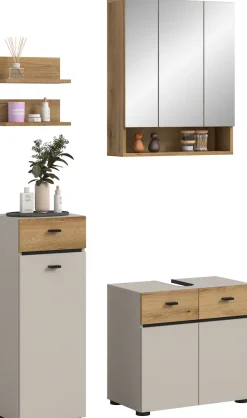 welltime Badmöbel-Set »VANN, 5-teilige moderne Badkombination, inkl. Beleuchtung« Midischrank, 2er Set Wandregal, Waschbeckenunterschrank,Spiegelschrank, 5 Stk. tlg.