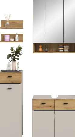 welltime Badmöbel-Set »VANN, 5-teilige moderne Badkombination, inkl. Beleuchtung« Midischrank, 2er Set Wandregal, Waschbeckenunterschrank,Spiegelschrank, 5 Stk. tlg.