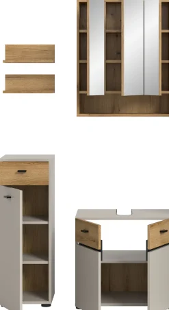 welltime Badmöbel-Set »VANN, 5-teilige moderne Badkombination, inkl. Beleuchtung« Midischrank, 2er Set Wandregal, Waschbeckenunterschrank,Spiegelschrank, 5 Stk. tlg.