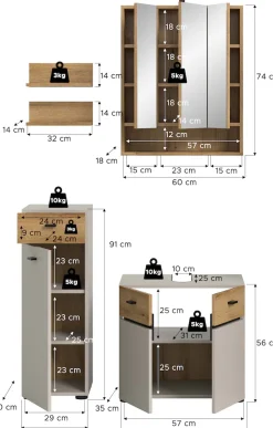 welltime Badmöbel-Set »VANN, 5-teilige moderne Badkombination, inkl. Beleuchtung« Midischrank, 2er Set Wandregal, Waschbeckenunterschrank,Spiegelschrank, 5 Stk. tlg.