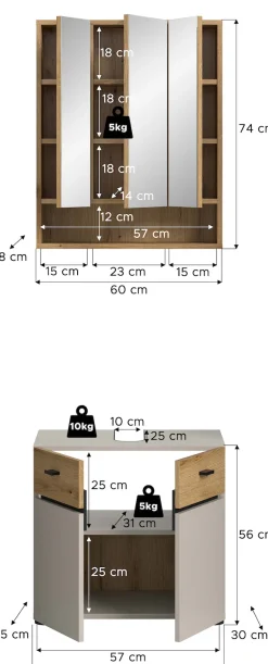 welltime Badmöbel-Set »VANN, 2-teilige moderne Badkombination« 1x Waschbeckenunterschrank, 1x Spiegelschrank, 2 Stk. tlg.