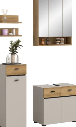 welltime Badmöbel-Set »VANN, 5-teilige moderne Badkombination, individuell stellbar« Midischrank, 2er Set Wandregal, Waschbeckenunterschrank,Spiegelschrank, 5 Stk. tlg.