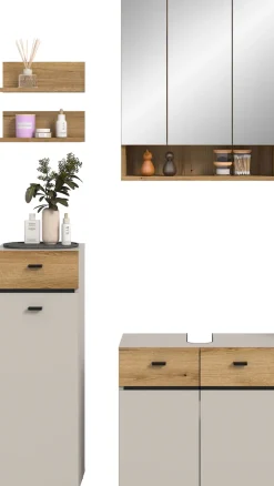 welltime Badmöbel-Set »VANN, 5-teilige moderne Badkombination, individuell stellbar« Midischrank, 2er Set Wandregal, Waschbeckenunterschrank,Spiegelschrank, 5 Stk. tlg.