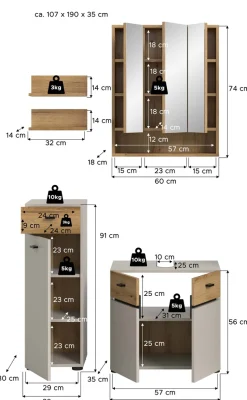welltime Badmöbel-Set »VANN, 5-teilige moderne Badkombination, individuell stellbar« Midischrank, 2er Set Wandregal, Waschbeckenunterschrank,Spiegelschrank, 5 Stk. tlg.