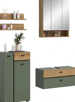 welltime Badmöbel-Set »VANN, 5-teilige moderne Badkombination, inkl. Beleuchtung« Midischrank, 2er Set Wandregal, Waschbeckenunterschrank,Spiegelschrank, 5 Stk. tlg.
