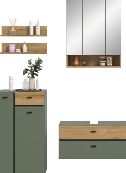 welltime Badmöbel-Set »VANN, 5-teilige moderne Badkombination, inkl. Beleuchtung« Midischrank, 2er Set Wandregal, Waschbeckenunterschrank,Spiegelschrank, 5 Stk. tlg.