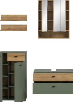 welltime Badmöbel-Set »VANN, 5-teilige moderne Badkombination, inkl. Beleuchtung« Midischrank, 2er Set Wandregal, Waschbeckenunterschrank,Spiegelschrank, 5 Stk. tlg.