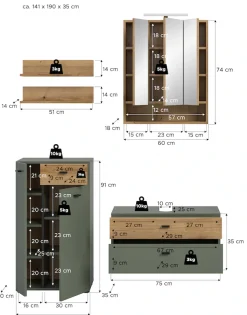 welltime Badmöbel-Set »VANN, 5-teilige moderne Badkombination, inkl. Beleuchtung« Midischrank, 2er Set Wandregal, Waschbeckenunterschrank,Spiegelschrank, 5 Stk. tlg.