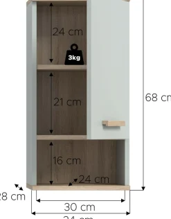 welltime Hängeschrank »MINTTU, Höhe 68 cm, 1 Tür, 1 Einlegeboden, 1 offenes Fach« Türanschlag rechts und links montierbar,Badmöbel, Badschrank, Schrank, Bad, Wandschrank