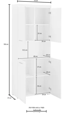 welltime Hochschrank »Avena« Badschrank 4-türig mit o. Fach und 4 Einlegeböden - B/T/H 73/31/190 cm