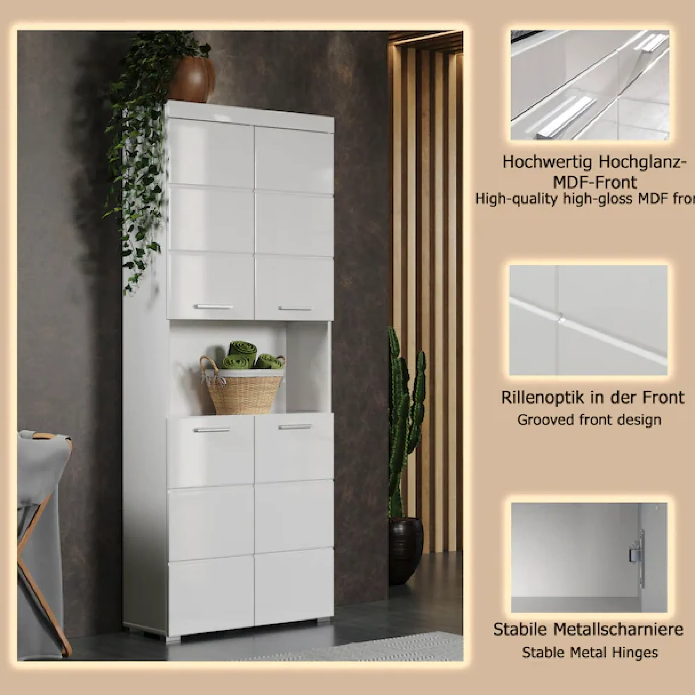 welltime Hochschrank »Avena« Badschrank 4-türig mit o. Fach und 4 Einlegeböden - B/T/H 73/31/190 cm
