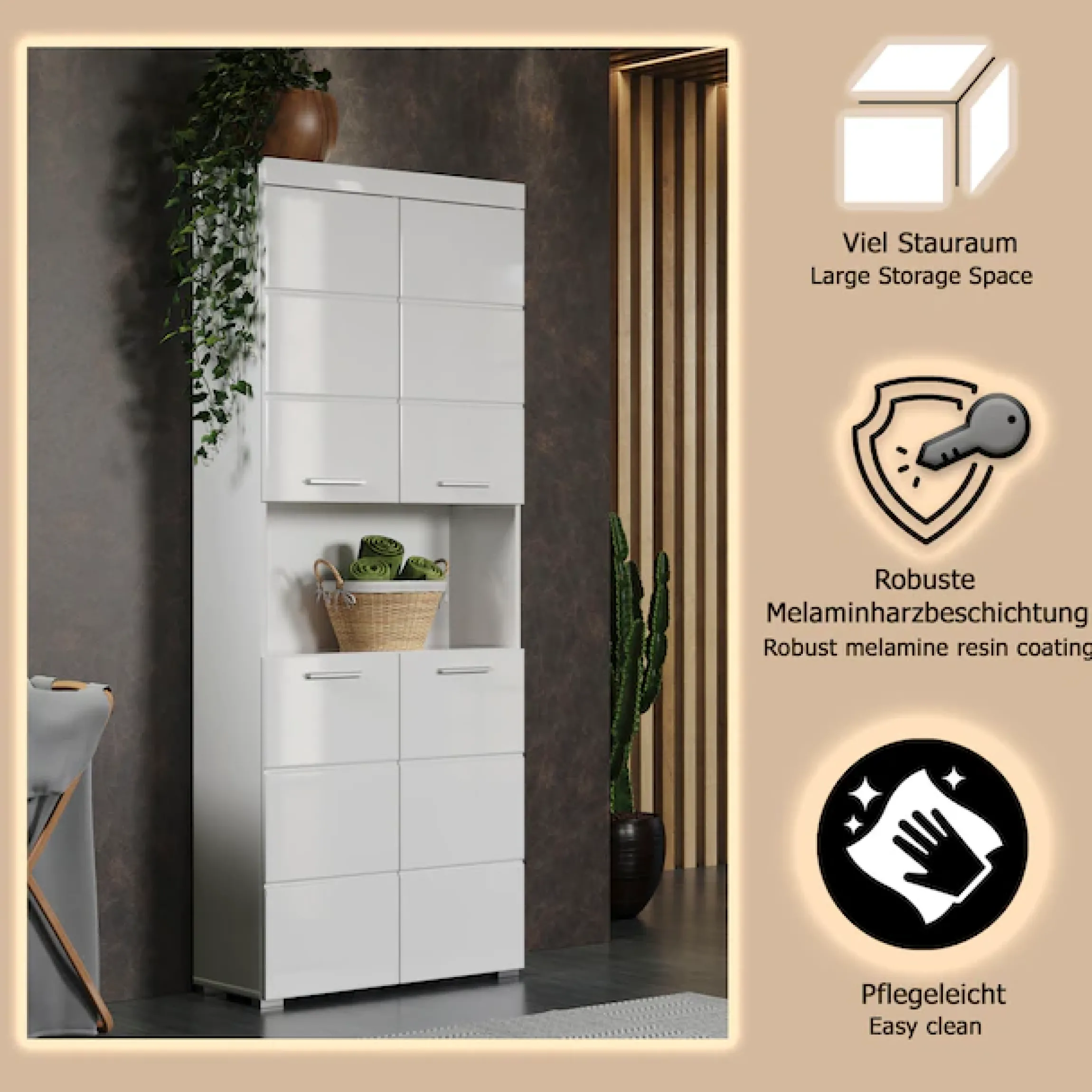 welltime Hochschrank »Avena« Badschrank 4-türig mit o. Fach und 4 Einlegeböden - B/T/H 73/31/190 cm