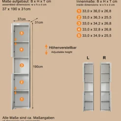 welltime Hochschrank »Avena« Badschrank mit 2 Türen & 1 Fach - (B/T/H) 37/31/190 cm