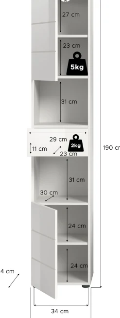welltime Hochschrank »BIEL, Höhe 190 cm, 2 Türen, 1 Schubkasten« 1 Stk. tlg. Türanschlag wechselbar, modernes Design, Badschrank, Unterschrank, Bad