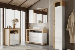 welltime Hochschrank »Hamburg Höhe 195 cm, Breite 35 cm, Badezimmerschrank mit 1 Tür,« dekorativer Rahmen, offenes Fach, Metallgriff, 5 Einlegeböden