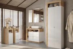 welltime Hochschrank »Hamburg Höhe 195 cm, Breite 64 cm, Badezimmerschrank mit 2 Türen,« dekorativer Rahmen, offenes Fach, Metallgriff, viel Stauraum