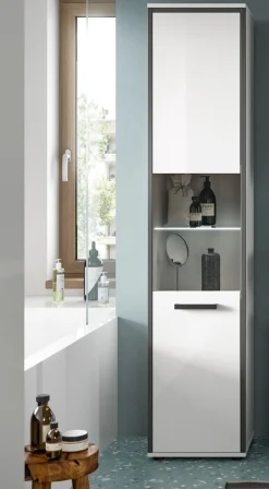 welltime Hochschrank »KAJO, hochglanz Front, inkl. Beleuchtung, Glastür, 6 Fächer« 2 Stk. tlg. Badschrank, Hochschrank, Bad, Badezimmer