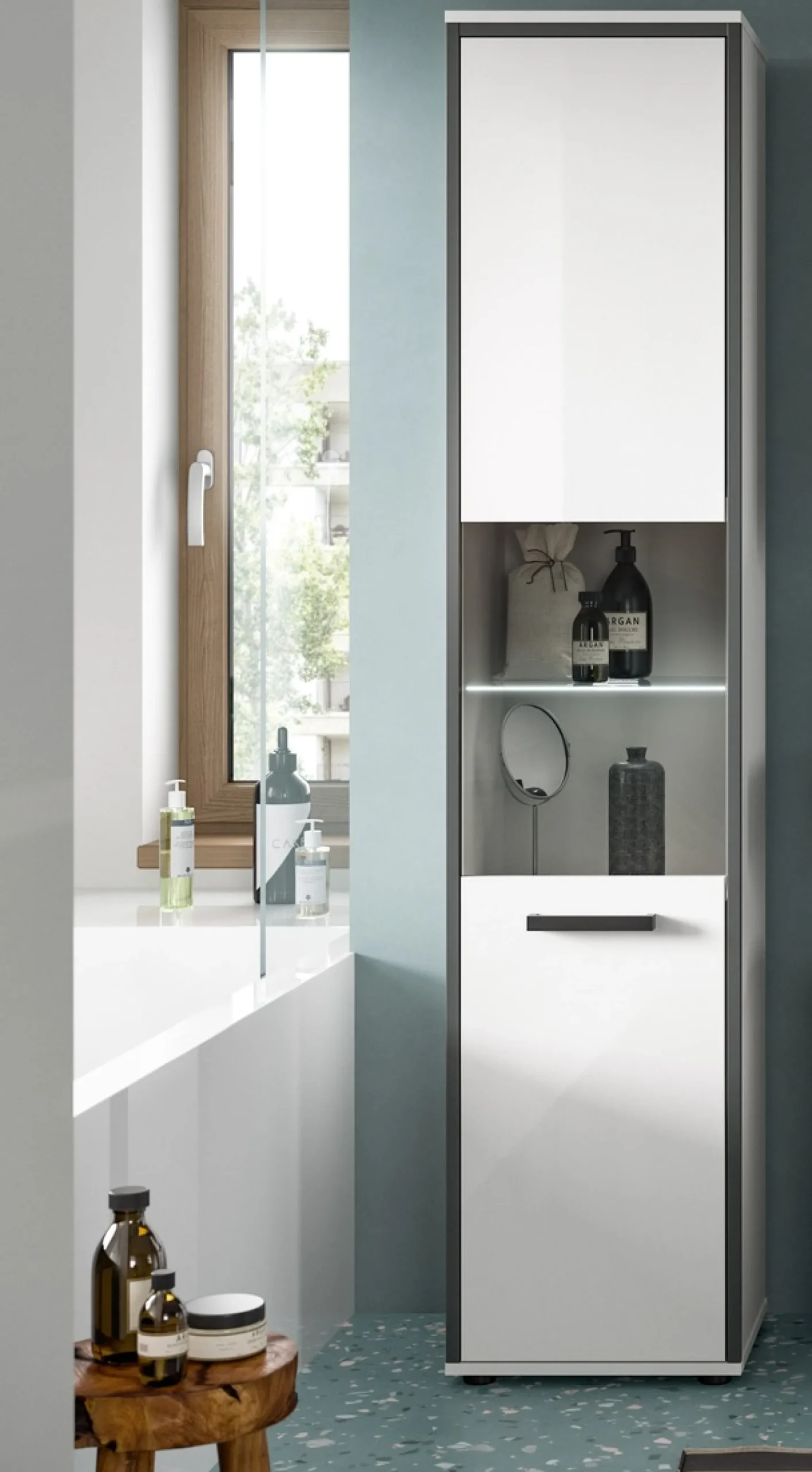 welltime Hochschrank »KAJO, hochglanz Front, inkl. Beleuchtung, Glastür, 6 Fächer« 2 Stk. tlg. Badschrank, Hochschrank, Bad, Badezimmer