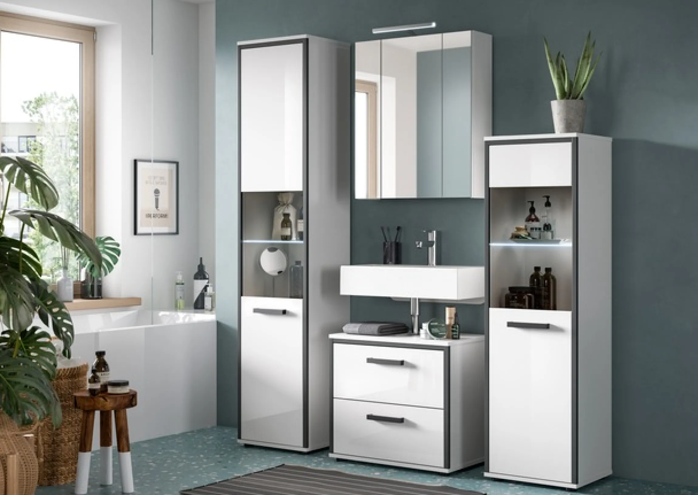 welltime Hochschrank »KAJO, hochglanz Front, inkl. Beleuchtung, Glastür, 6 Fächer« 2 Stk. tlg. Badschrank, Hochschrank, Bad, Badezimmer