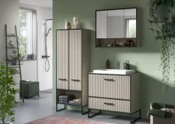welltime Hochschrank »LOCRI, Höhe 159 cm, 2 Türen, 6 Einlegeböden, 1 offenes Fach« industrial Look mit Rillenoptik & Metall Kufen, 1 Stk. tlg. variable Einlegeböden, modernes Design, Badschrank, Bad