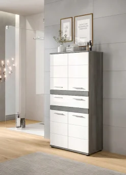 welltime Hochschrank »LUCCA, Höhe 137cm, 4 Türen, 1 Schubkasten, 4 Fächer« Badschrank, Badmöbel, Badezimmer, Universalschrank, Mehrzweckschrank