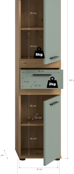 welltime Hochschrank »LUCCA, Höhe 137 cm, 2 Türen, 1 Schubkasten, 2 Fachböden,« Badschrank, Bad-Möbel, Badezimmer