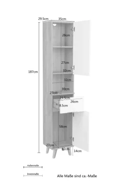 welltime Hochschrank »Lund Badschrank skandinavisches Design mit viel Stauraum« Badmöbel, 2 Türen und 1 Schublade, Breite 35cm