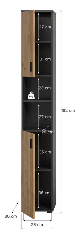 welltime Hochschrank »MANI, Höhe: 192 cm, Paneeloptik, 2 offene Fächer, 2 Türen« 1 Stk. tlg. Hochschrank, Bad-Schrank, Badezimmerschrank, Bad, Badezimmer