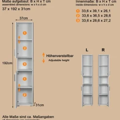 welltime Hochschrank »Prag« 1 Stk. tlg. Hochschrank mit 2 Türen & 1 Fach - (B/T/H) 37/31/192 cm