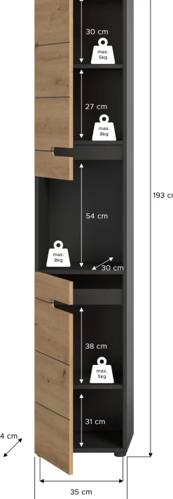 welltime Hochschrank »REHAT, Türen mit Soft-Close, eingefasste Griffaussparung in der Front« BxHxT: 38x193x34 cm, 2 Türen, 5 Fächer