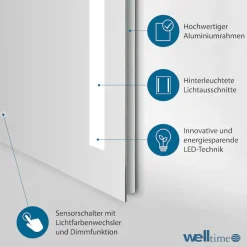 welltime LED-Lichtspiegel »Plaza« mit Lichtfarbenwechsler und Dimmschalter, in verschiedenen Größen
