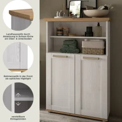welltime Midischrank »COSENZA, Höhe 116cm, 2 Türen, 2 offene Fächer, 3 Einlegeböden« in Landhausoptik, mit weiteren Artikel der Serie kombinierbar, 1 Stk. tlg. Midischrank, Badschrank, Bad, Badezimmer