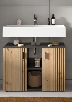 welltime Waschbeckenunterschrank »MANI, Paneeloptik, 2 offene Fächer, Siphonausschnitt« 1 Stk. tlg. WBU, Waschbeckenunterschrank, Unterschrank, Badschrank, Badezimmer