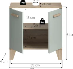 welltime Waschbeckenunterschrank »MINTTU, Breite 60 cm, 2 Türen, 1 Einlegeboden, 2 Fächer« mit Siphonausschnitt 8x23 cm,Badmöbel, Badschrank, Schrank, Kommode, Bad, Unterschrank