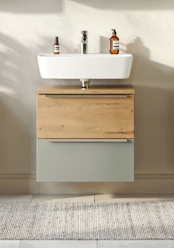 welltime Waschbeckenunterschrank »TRIENT Unterbeckenschrank 60 cm, Softclose und gedämpfte Scharniere« Schilfgrün/Wildeiche, gedämpfte Scharniere und Softclose-Auszug