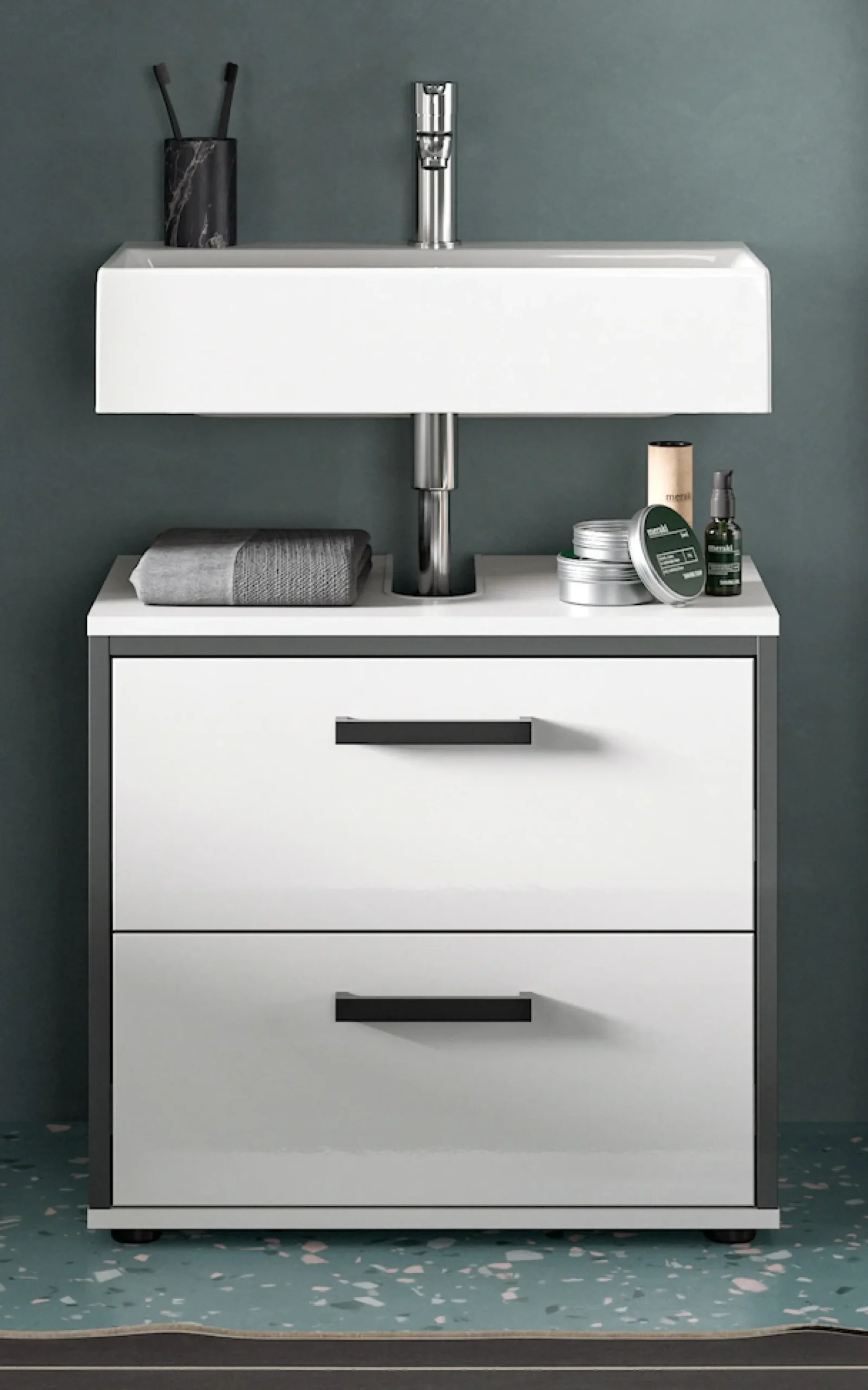 welltime Waschbeckenunterschrank »KAJO, hochglanz Front, 2 Schubladen, Siphonausschnitt« 1 Stk. tlg. Waschbecken, Unterschrank, Bad, Badezimmer, Schrank