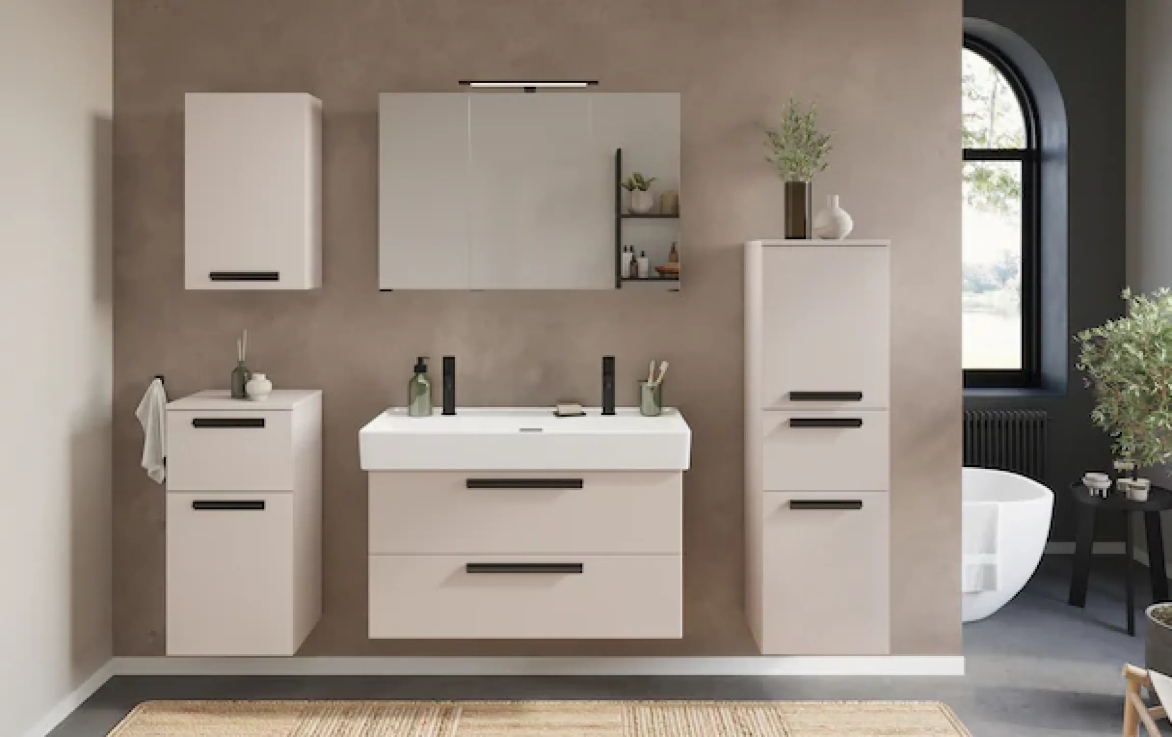 welltime Waschtisch »SALVADA, Softclose-Auszüge, Keramikbecken« Maße (B/T/H): 100/48/63 cm,Kaschmir, Lochbohrung für zwei Armaturen, Anti-Finger-Print