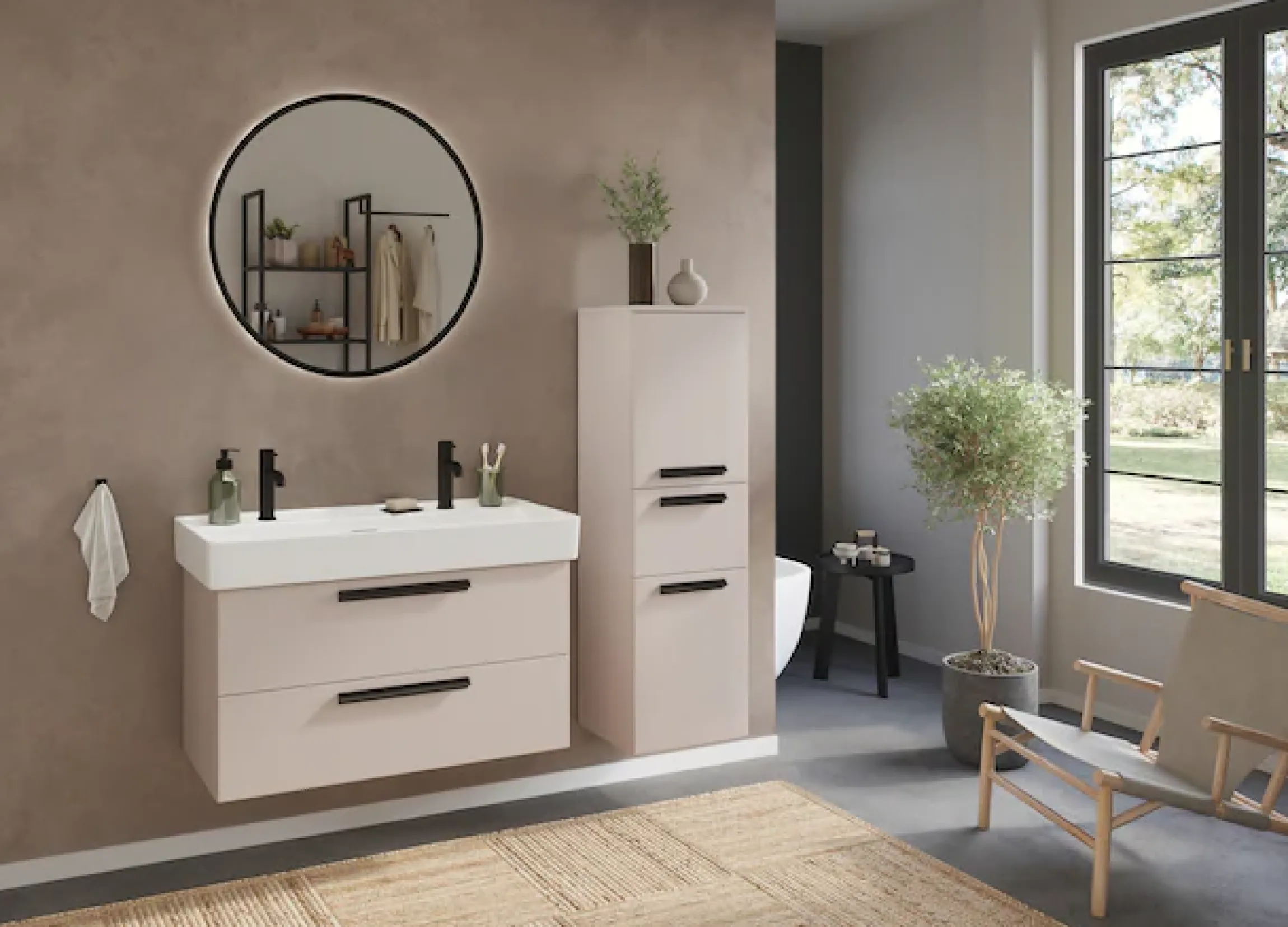 welltime Waschtisch »SALVADA, Softclose-Auszüge, Keramikbecken« Maße (B/T/H): 100/48/63 cm,Kaschmir, Lochbohrung für zwei Armaturen, Anti-Finger-Print
