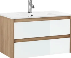welltime Waschtisch »Torun Badezimmerschrank Unterschrank mit Glasfronten und Softclose« Set,Waschplatz mit 2 Schubladen und Waschbecken Breite 80 cm
