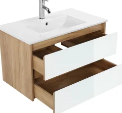 welltime Waschtisch »Torun Badezimmerschrank Unterschrank mit Glasfronten und Softclose« Set,Waschplatz mit 2 Schubladen und Waschbecken Breite 80 cm