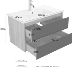 welltime Waschtisch »Torun Badezimmerschrank Unterschrank mit Glasfronten und Softclose« Set,Waschplatz mit 2 Schubladen und Waschbecken Breite 80 cm