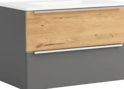 welltime Waschtisch »TRIENT, Softclose-Auszüge, Mineralgussbecken« matt onyx-grey/wildeiche, Mineralgussbecken