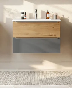 welltime Waschtisch »TRIENT, Softclose-Auszüge, Mineralgussbecken« matt onyx-grey/wildeiche, Mineralgussbecken