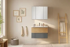 welltime Waschtisch »TRIENT, Softclose-Auszüge, Mineralgussbecken« matt onyx-grey/wildeiche, Mineralgussbecken
