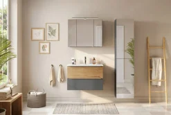 welltime Waschtisch »TRIENT, Softclose-Auszüge, Mineralgussbecken« matt onyx-grey/wildeiche, Mineralgussbecken