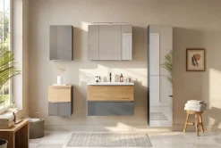 welltime Waschtisch »TRIENT, Softclose-Auszüge, Mineralgussbecken« matt onyx-grey/wildeiche, Mineralgussbecken